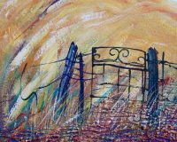 painting by Helen Stacey of gate in Australian orange paddock