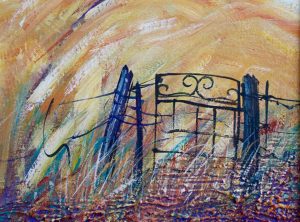 painting by Helen Stacey of gate in Australian orange paddock