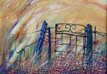 painting by Helen Stacey of gate in Australian orange paddock
