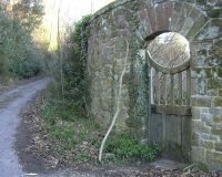 Closed wooden gate in a stone wall by a road.